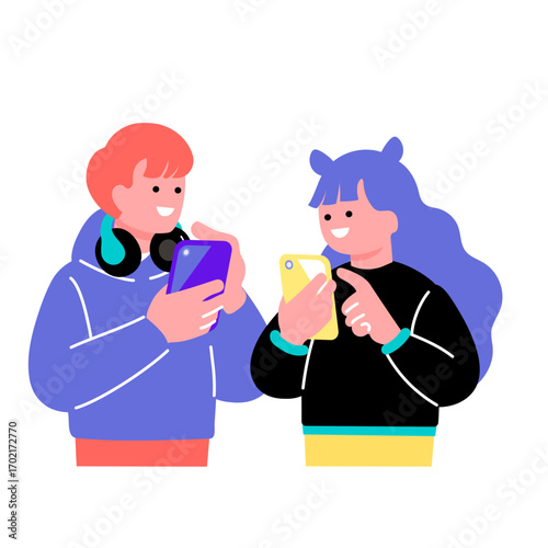 スマホを使うポップでカラフルな若者のイラスト