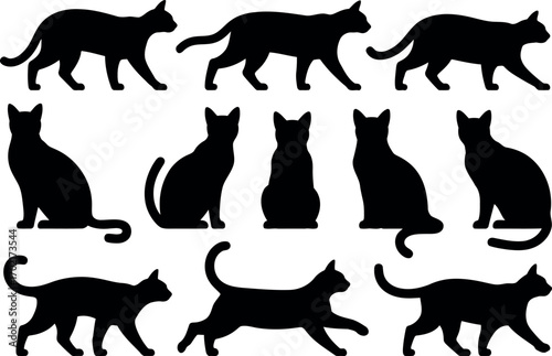 Elegant cat silhouettes diverse poses dynamic movements graphic design elements vector