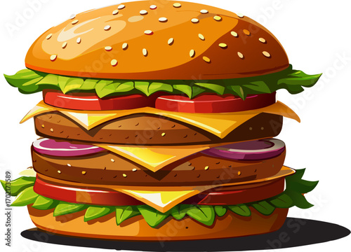 Illustration of a delicious hamburger with a sesame-topped bun, two layers of meat, cheese, tomato, and fresh lettuce. Find brilliant ideas while eating this.
