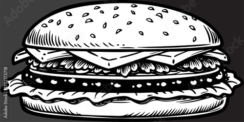 A black and white illustration of a cheeseburger. A bun with sesame seeds. Underneath, there are layers of cheese, a patty, lettuce, and vegetables. The burger looks thick and layered.