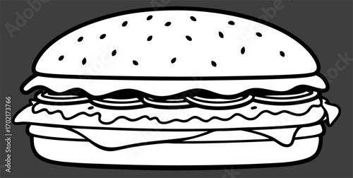 A black and white illustration of a cheeseburger. A bun with sesame seeds. Underneath, there are layers of cheese, a patty, lettuce, and vegetables. The burger looks thick and layered.
