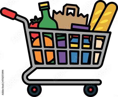 Fresh groceries in shopping cart filled with food and produce for healthy shopping vector