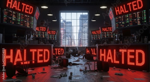 Large red LED screens on the walls and desks display the single word 