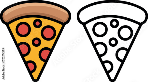 Vibrant pepperoni pizza slice & outline icon set fast food delicious italian cuisine graphic element vector