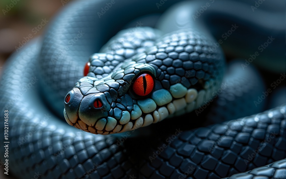 Fototapeta premium Coiled Snake Close-up with Red Eyes and Blue Scale Detail. High quality