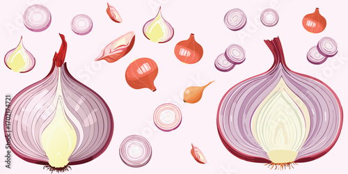 A detailed illustration set of fresh shallots (bawang merah). This versatile collection includes whole, sliced, and cross-section views, perfect for recipes, packaging, and food blogs.