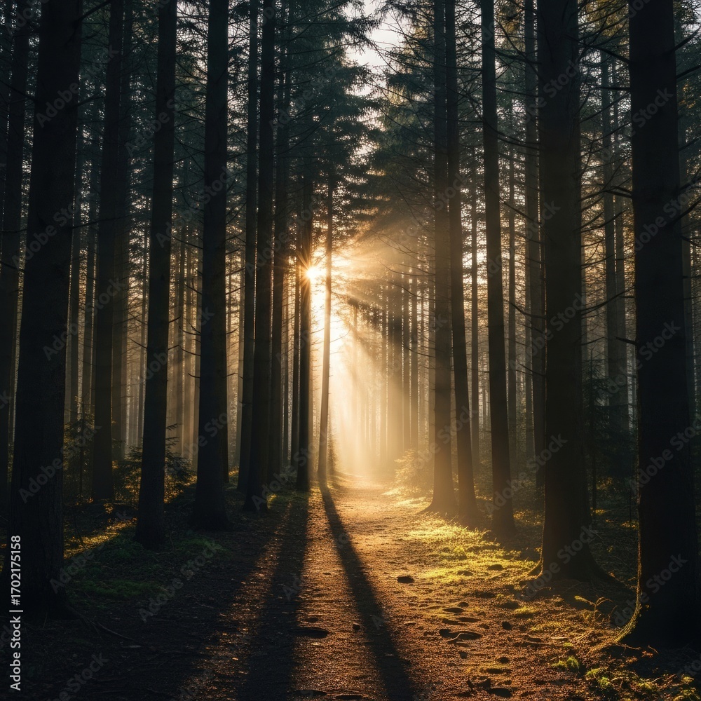 Fototapeta premium Sunlight streaming through tall trees in a dense forest illuminating a path forward