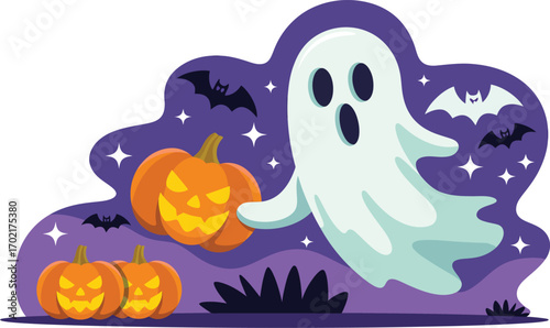 Cute ghost and jack o lanterns with bats and stars