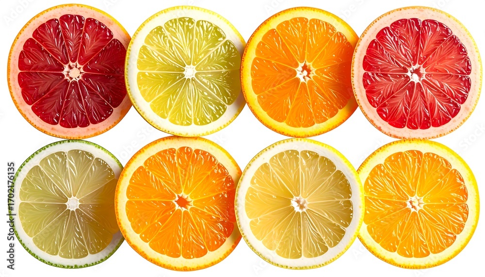 Obraz premium Vibrant citrus slices arranged in a symmetrical pattern, showcasing the diverse colors and textures of grapefruit, orange, lime, and lemon, against a plain white background.