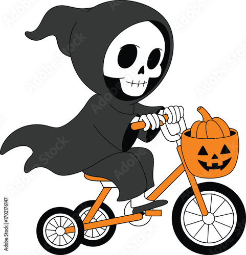 Cartoon grim reaper riding a bicycle with pumpkin basket