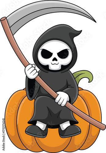 Cute grim reaper character sitting on a pumpkin holding a scythe