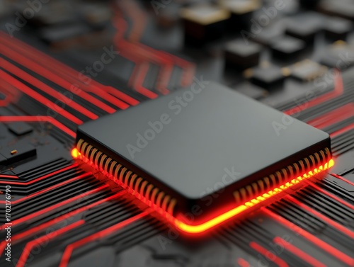 Microprocessor unit CPU motherboard with luminous red digital circuit lines for technology