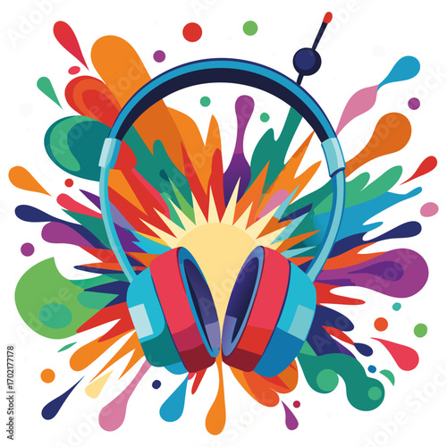 Big headphones on top of an explosion of colorful paint.