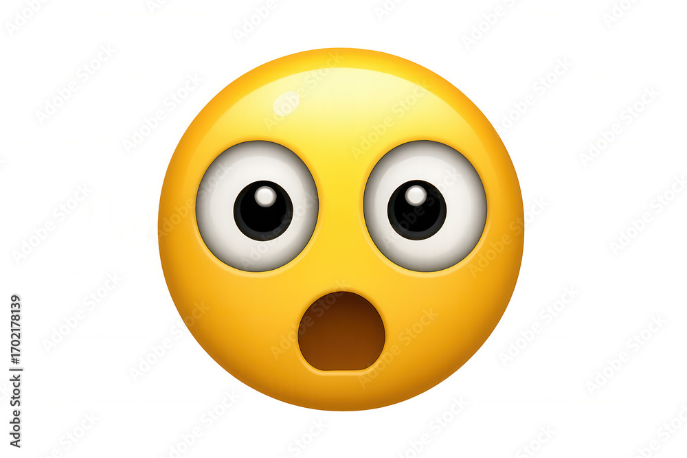 Fototapeta premium Shocked yellow emoji expressing surprise with open mouth and wide eyes, isolated on transparent background