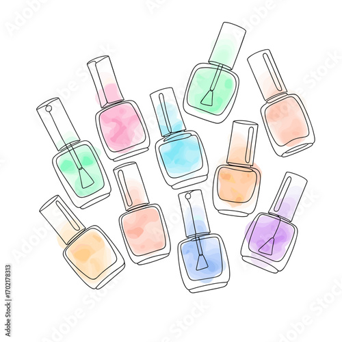 Collection of nail polishes line doodle drawing with watercolor fill, minimalistic vector illustration on white background