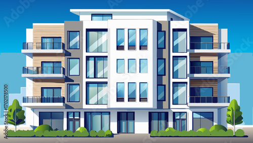 Fragment of a high-end apartment building, highlighting minimalist white panels, tinted windows, and brushed metal finishes, delivering a crisp, polished, and modern aesthetic for urban living enthusi