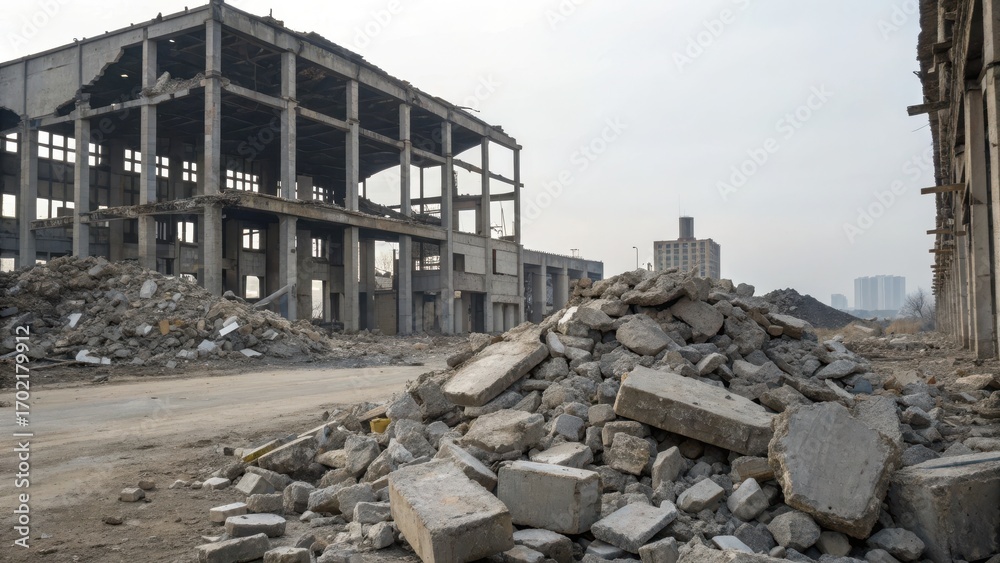 Fototapeta premium Commercial high-resolution photo of pile of gray concrete debris against the remains of a large destroyed building Background. with copy space image.