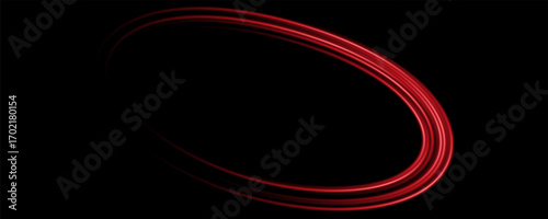 Abstract red speed light lines neon ring glowing circle round movement on black background vector illustration.