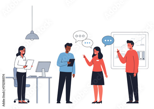 Multi-Ethnic Cartoon Coworkers in Office Discussion