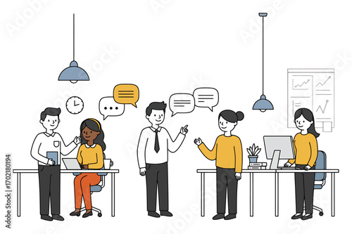 Multi-Ethnic Cartoon Coworkers in Office Discussion