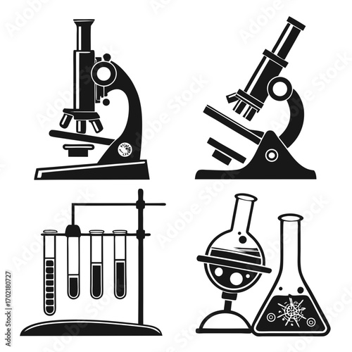 Collection of scientific laboratory equipment icons including microscopes test tubes on a rack and flasks with chemical symbols representing research and discovery