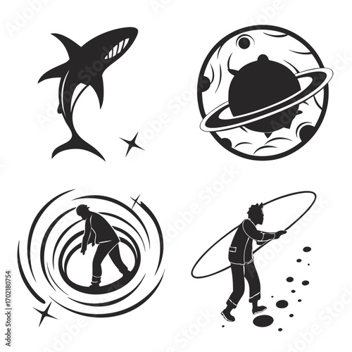 Four stylized black and white graphic icons depicting a jumping shark a ringed planet a person in a vortex and a person with a hula hoop