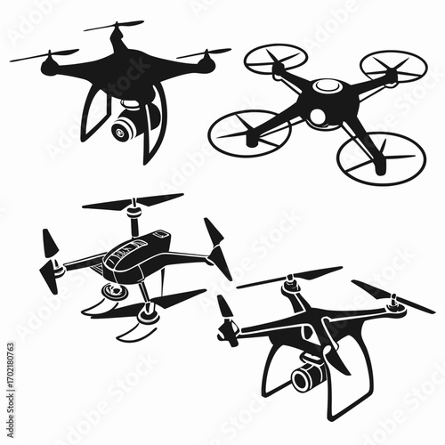 Collection of four distinct black silhouette illustrations of modern quadcopter drones each featuring propellers and some with cameras isolated on a white background
