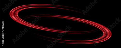 Abstract red speed light lines neon ring glowing circle round movement on black background vector illustration.