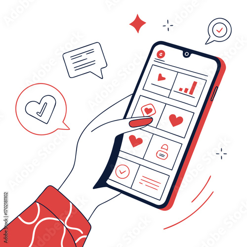 Close up of a hand holding a smartphone displaying a social media feed with hearts and a lock icon representing online dating or social networking