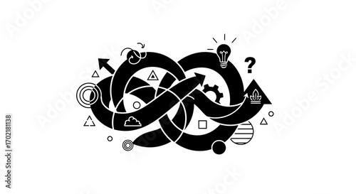Abstract tangled arrows and symbols silhouette isolated on white background