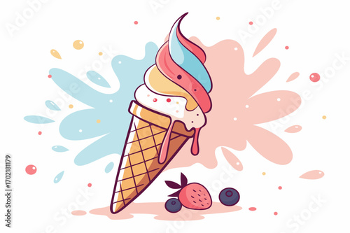 Colorful Ice Cream Cone with Strawberry and Splash