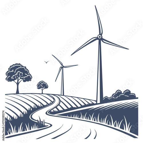 Stylized illustration of a rural landscape featuring wind turbines in a field with a winding road and trees under a clear sky representing renewable energy and nature