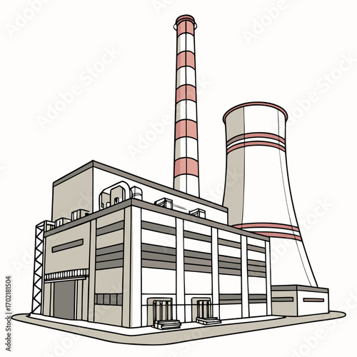 Stylized illustration of a power plant with a tall striped smokestack and a large cooling tower against a white background