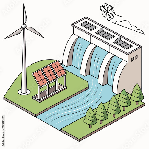 Illustration of a sustainable energy ecosystem featuring a hydroelectric dam with flowing water solar panels on a grassy hill and a wind turbine generating clean power in an isometric view