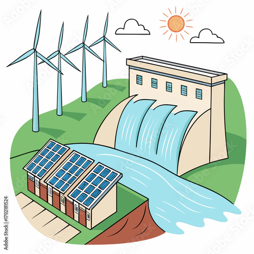 Illustration of a sustainable energy landscape featuring a hydroelectric dam with flowing water wind turbines on a grassy hill and solar panels on buildings under a sunny sky with clouds