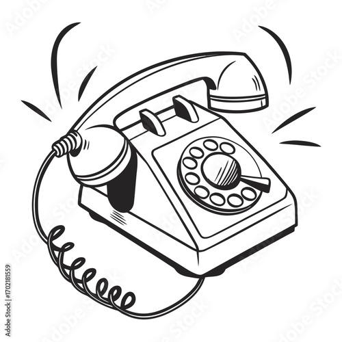 Retro rotary dial telephone with handset lifted and ringing sound waves emanating from it isolated on white background vintage communication device illustration