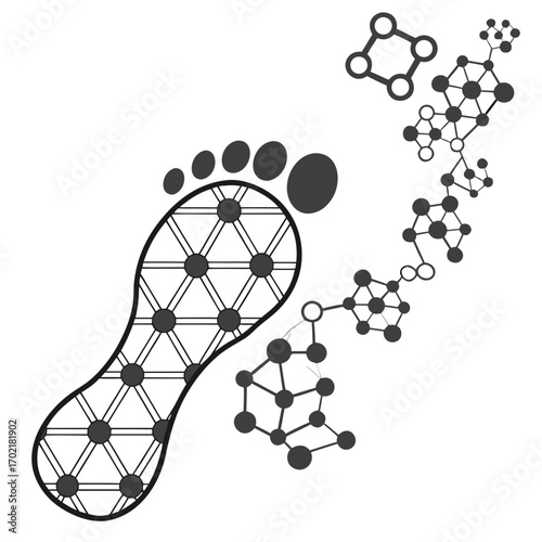 Abstract representation of a footprint with a molecular structure emerging from it symbolizing scientific discovery and innovation in biology or chemistry