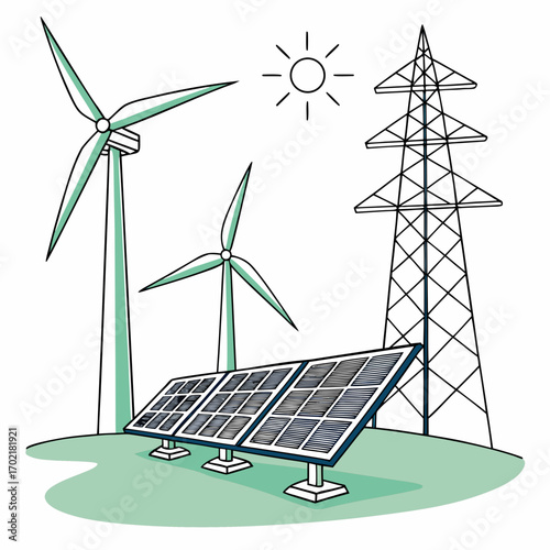 Illustration of renewable energy sources including wind turbines and solar panels with a sun and electricity pylon representing clean power generation and sustainable infrastructure