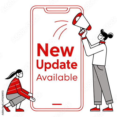 Two people announce a new update available on a smartphone screen one holding a megaphone and the other gesturing towards the screen with a clean modern illustration style
