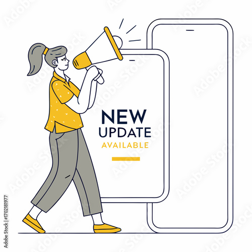 Woman with megaphone announcing new update available next to stylized smartphones modern illustration style with clean lines and limited color palette