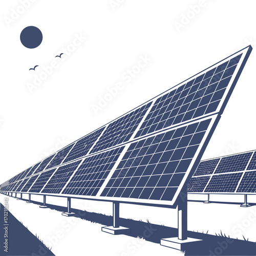 A vast expanse of dark blue solar panels stretches into the distance under a clear sky with a dark sun and two silhouetted birds flying