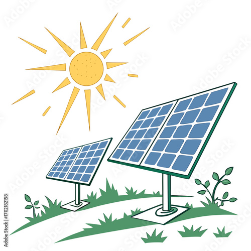 Illustration of solar panels capturing sunlight on a grassy field with a bright sun shining overhead symbolizing renewable energy and environmental sustainability