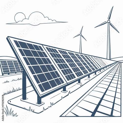 Modern renewable energy farm featuring a long row of solar panels and wind turbines against a cloudy sky representing clean power generation and sustainability