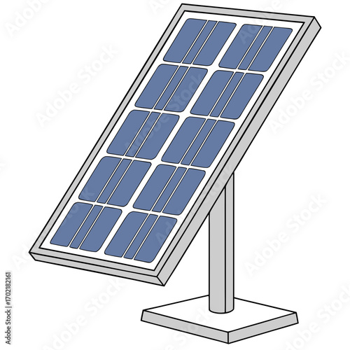 A single solar panel mounted on a sturdy stand tilted upwards to capture sunlight for clean renewable energy generation isolated on a white background