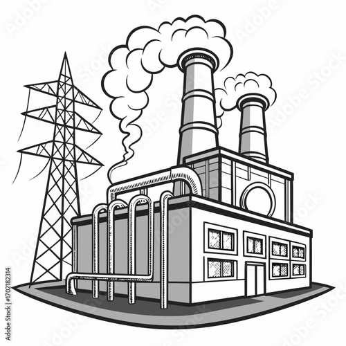 Industrial power plant with tall smokestacks emitting smoke and a large electricity pylon in the background representing energy production and industry