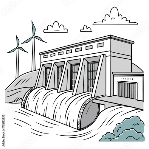 Illustration of a modern hydroelectric power plant with turbines generating clean renewable energy alongside wind turbines on a cloudy day symbolizing sustainable power generation