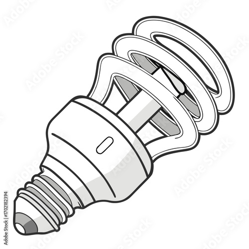 A stylized black and white illustration of a compact fluorescent light bulb with a spiral design symbolizing energy efficiency and modern lighting solutions