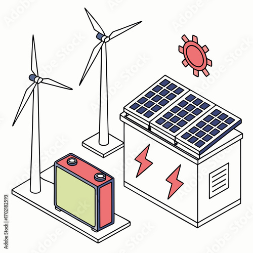 Isometric illustration of renewable energy components including wind turbines solar panels a battery and a gear representing sustainable power generation and clean technology solutions