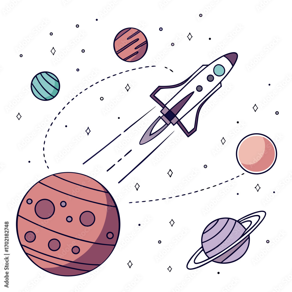 Naklejka premium A whimsical illustration of a stylized spaceship soaring through a colorful galaxy surrounded by planets stars and cosmic dust creating a sense of adventure and exploration