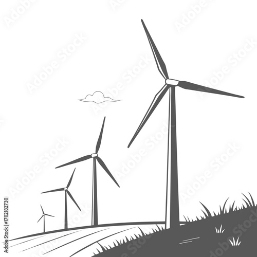 A minimalist graphic illustration of three wind turbines of varying sizes standing on a grassy hill under a simple cloud representing renewable energy and sustainable power generation